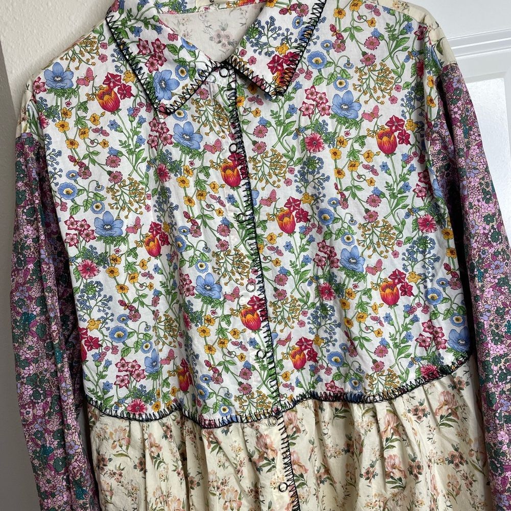 Vintage Inspired Oversized S Mixed Floral Patchwork Prairie Mini Dress - Picture 8 of 9